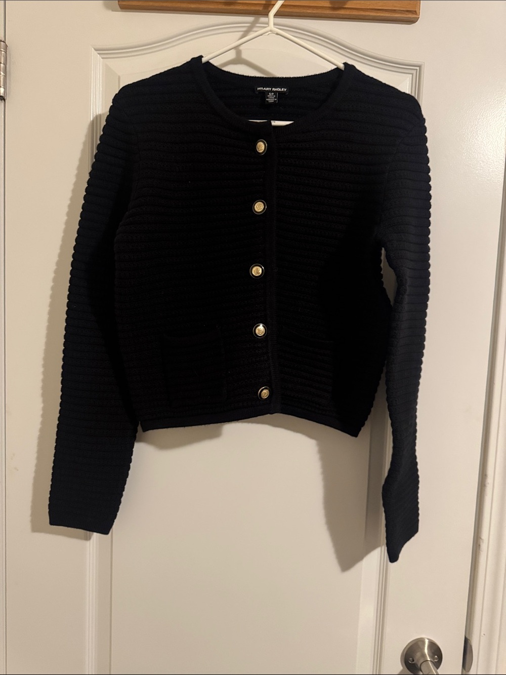 Hilary Radley Black Ribbed Knit Cardigan with Gold Buttons